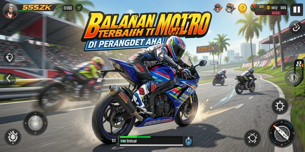 Screenshot gameplay 555ZK menampilkan kecepatan tinggi balapan motor.