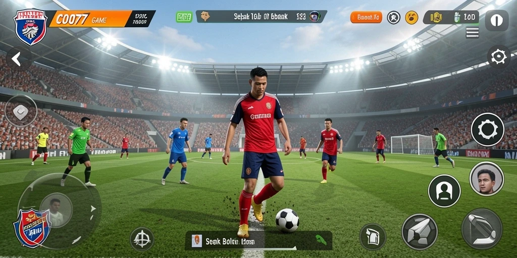 Screenshot menunjukkan gameplay intens sepak bola dalam COO77.
