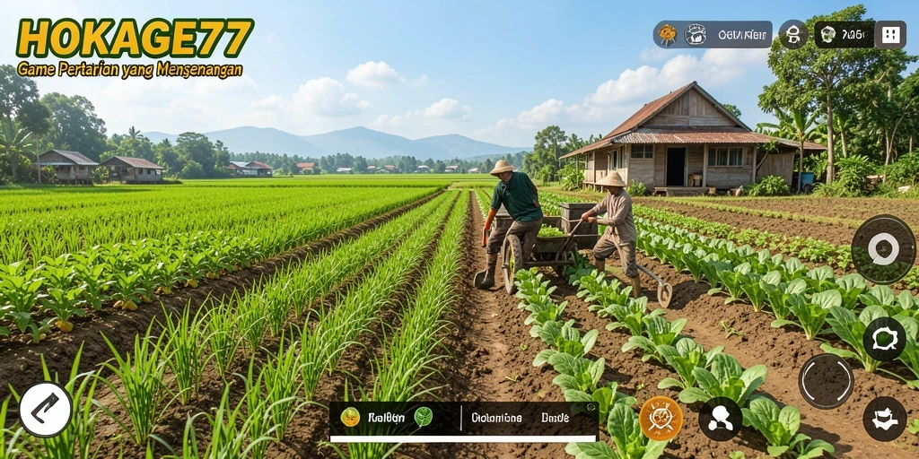 Tangkapan layar HOKAGE77 menampilkan petani yang merawat ladang penuh sayuran.