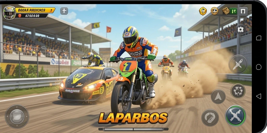 Tampilan gameplay menegangkan di LAPARBOS dengan berbagai trek balapan.
