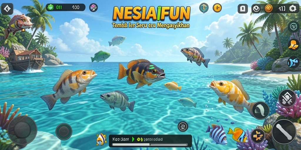 Tampilan gameplay menyeramkan dari NESIAFUN dengan aksi menembak ikan.