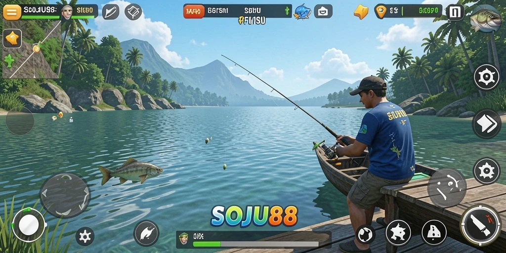Screenshot gameplay <strong>SOJU88</strong> menampilkan keseruan memancing di lautan.