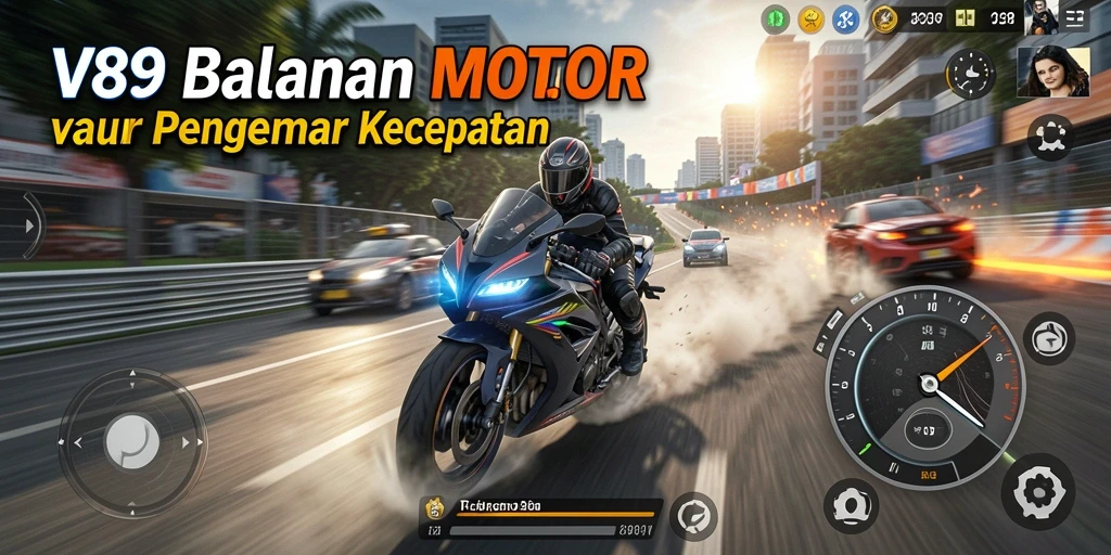 Screenshot menunjukkan aksi seru balapan motor di V89.
