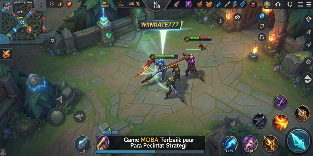 Tangkapan layar utama WINRATE777 menampilkan aksi pertempuran MOBA yang seru.